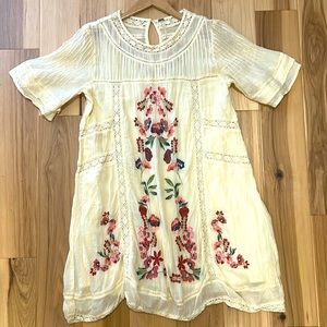 Free People Dress, cream with embroidery, size Medium